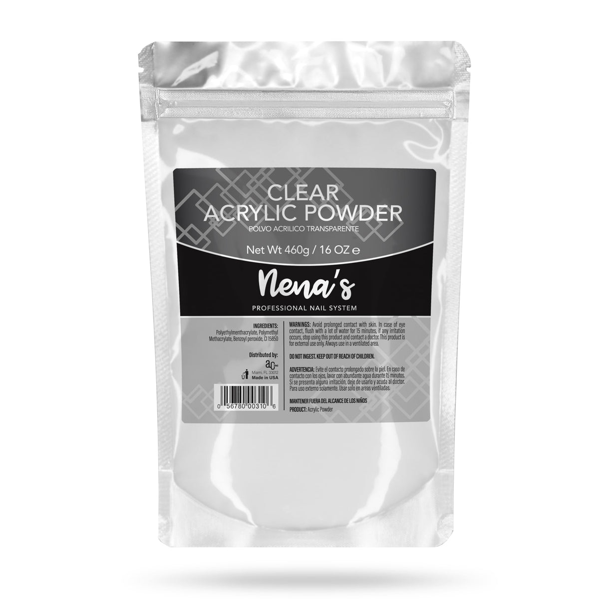 Nena's polvos acrílicos transparentes con acabado cristal para uñas impecables.
