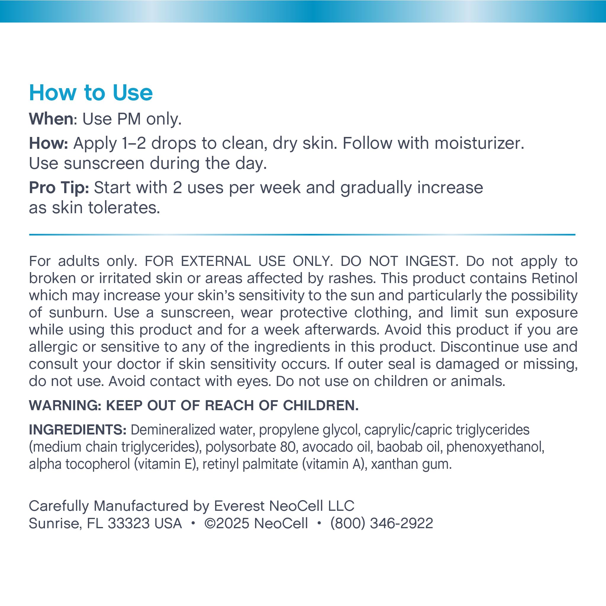 NeoCell Retinol Serum, aceite de baobab para piel más luminosa.