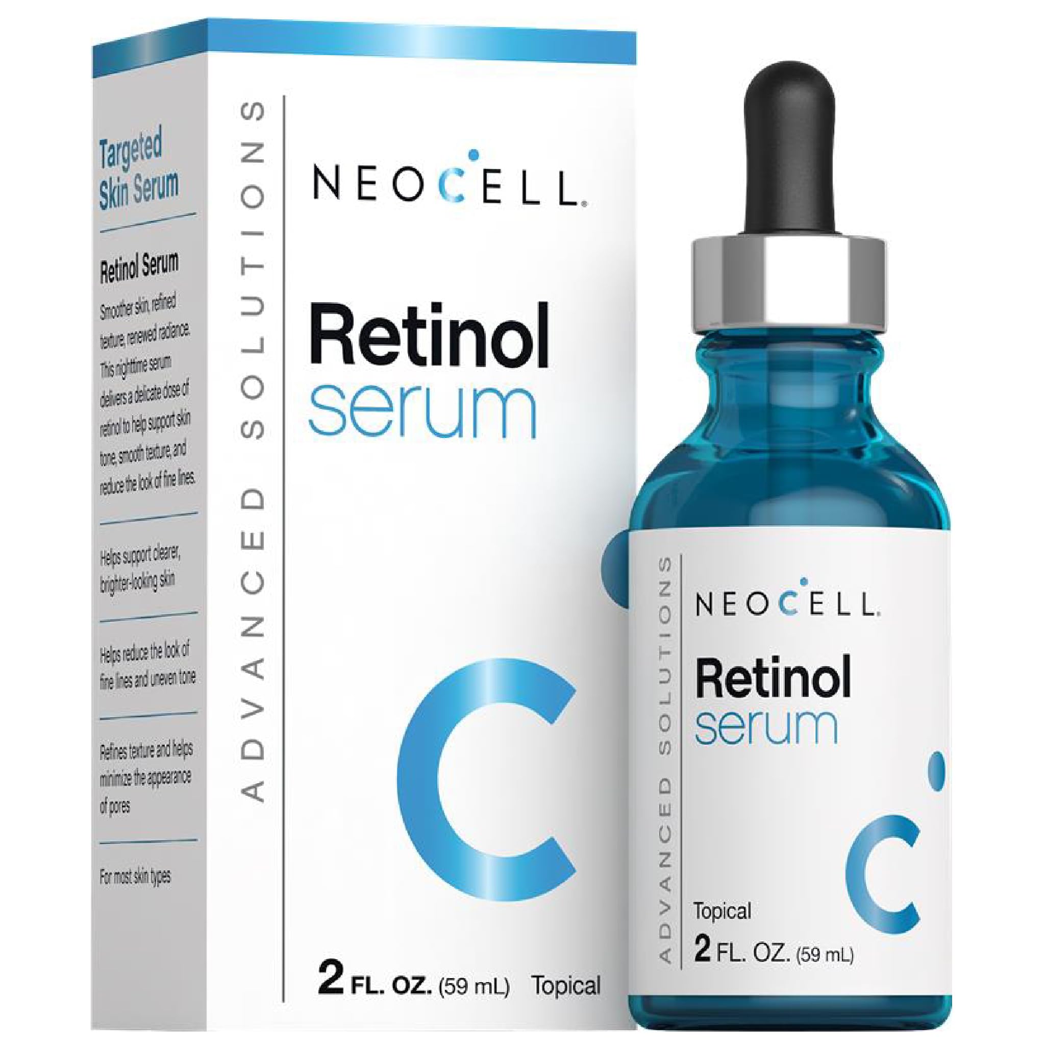 NeoCell Retinol Serum, botella de dos onzas, aplicación nocturna para piel radiante.