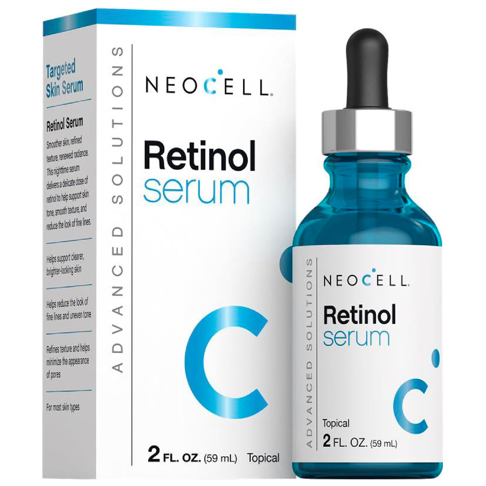 NeoCell Retinol Serum, botella de dos onzas, aplicación nocturna para piel radiante.