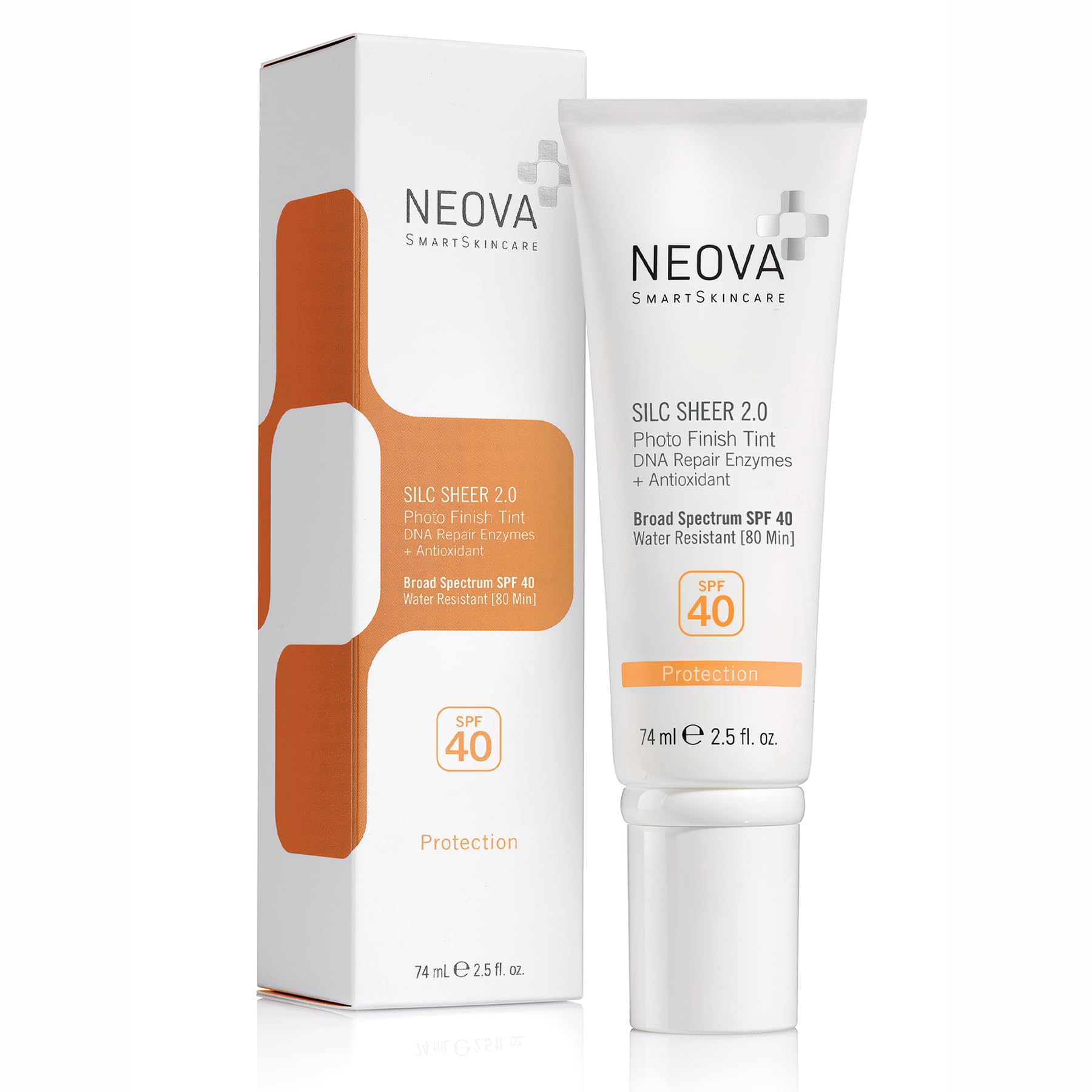 NEOVA Silc Sheer 2.0: bote de protector solar tintado para un acabado natural y protegido.