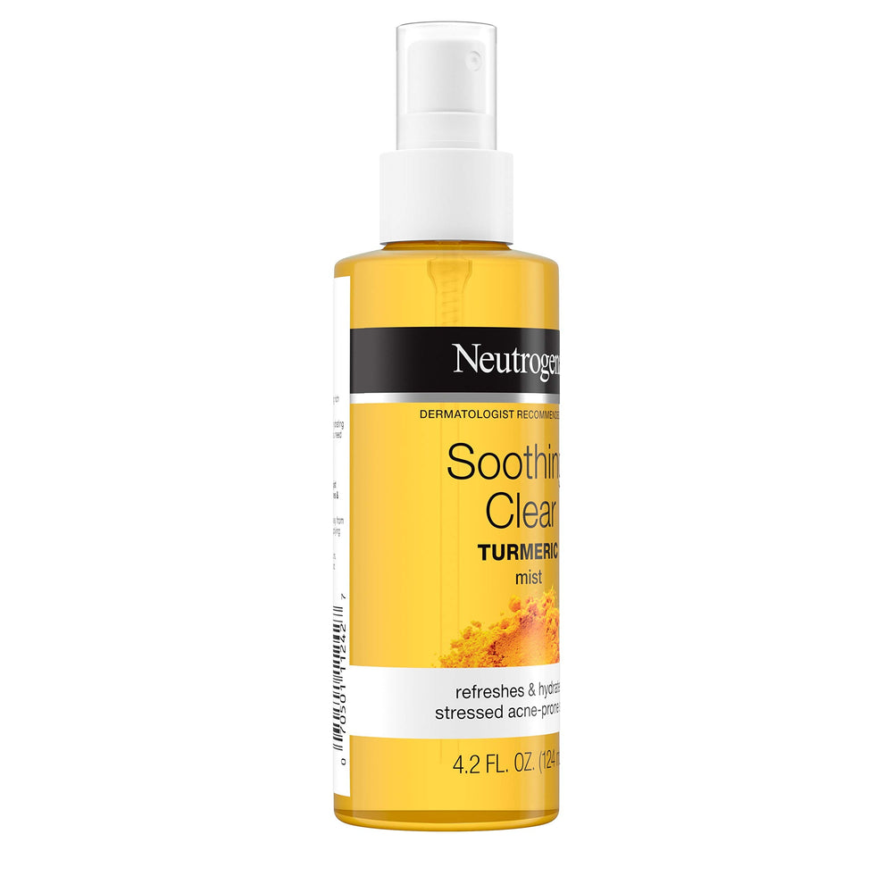 Label close-up of Neutrogena Turmeric Mist highlighting turmeric and key benefits.