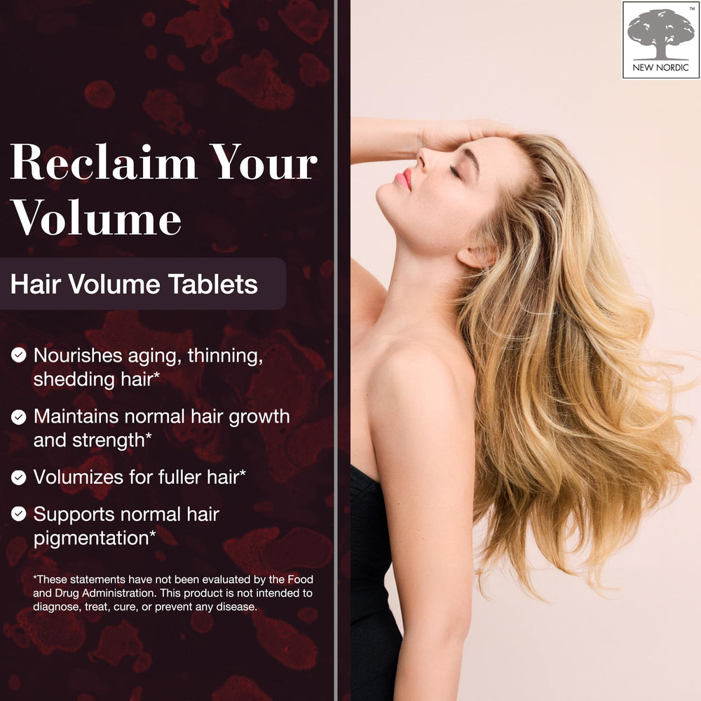 New Nordic Hair Volume Tablets Biopectin Apple Extract details on packaging.