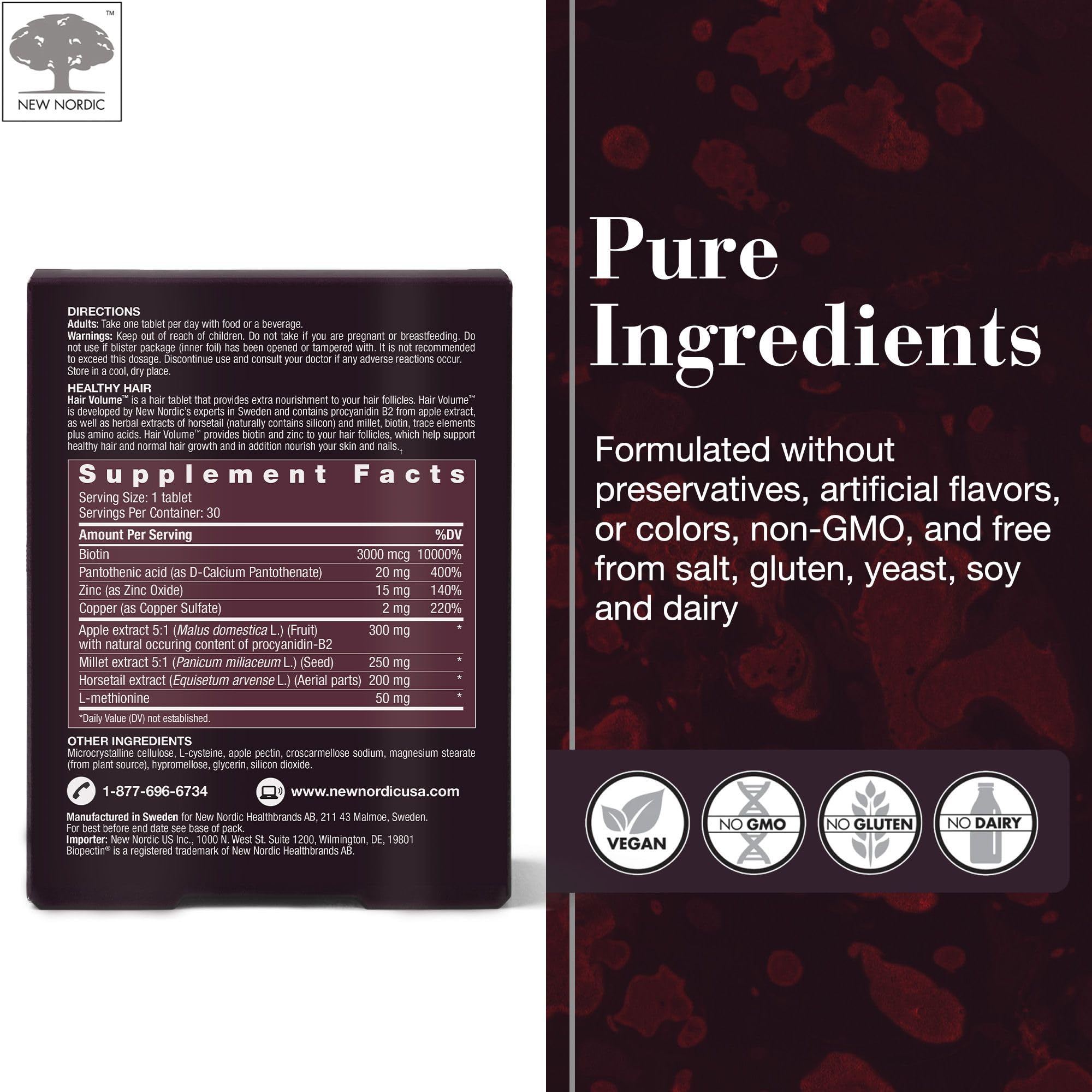New Nordic Hair Volume Tablets Biotin 3000 mcg information on label.