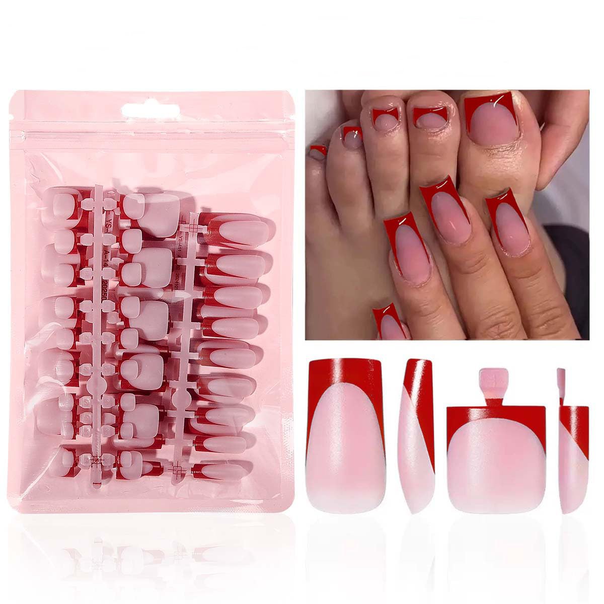 NHIXK set de uñas francesas rojas en caja, listo para usar.