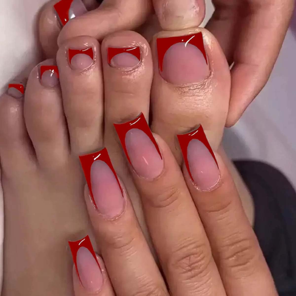 NHIXK uñas artificiales francesas rojas en la mano, estilo para ocasiones.