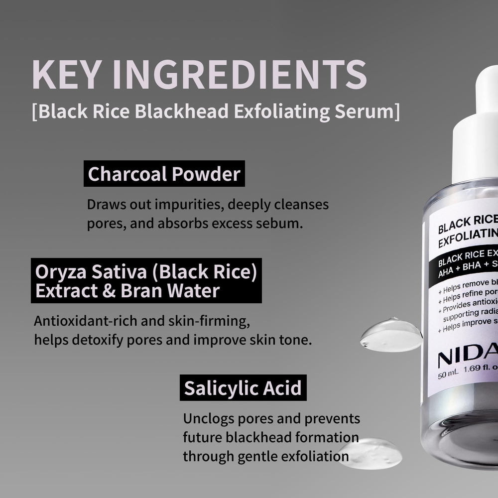 NIDA Arroz Negro Exfoliante Suero, aplicación en piel; efecto suave y limpio.