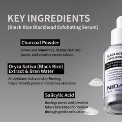 NIDA Arroz Negro Exfoliante Suero, aplicación en piel; efecto suave y limpio.