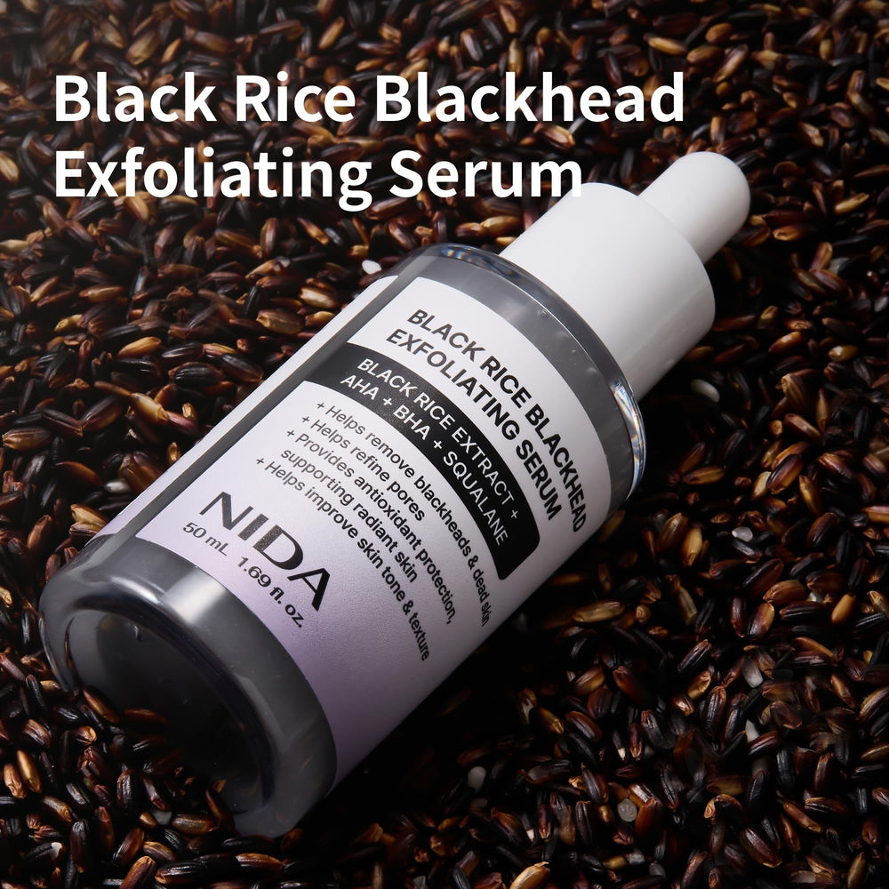 NIDA Arroz Negro Exfoliante Suero, dispensador gotero; aplicación precisa para exfoliar.