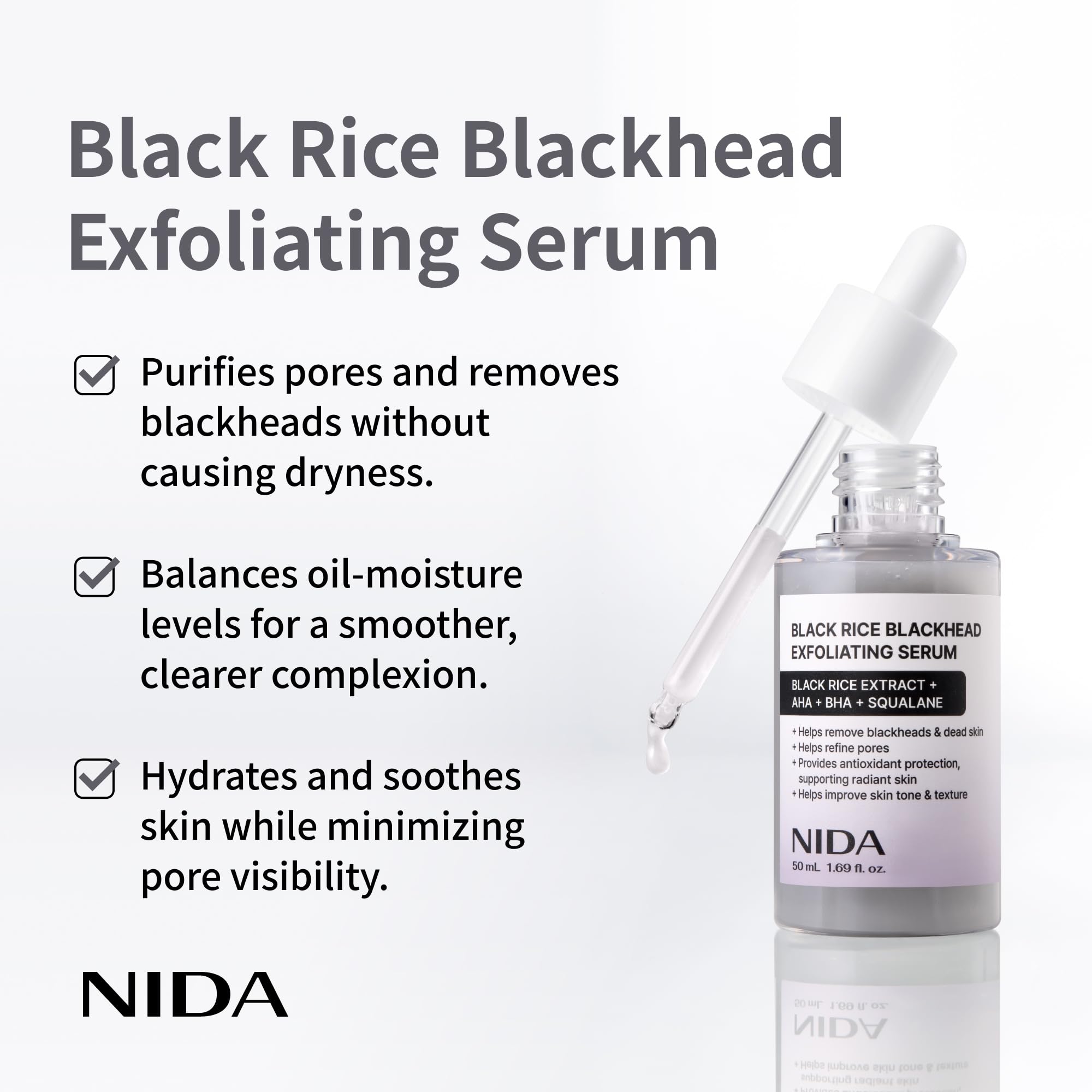 NIDA Arroz Negro Exfoliante Suero, ingredientes clave que potencian luminosidad.