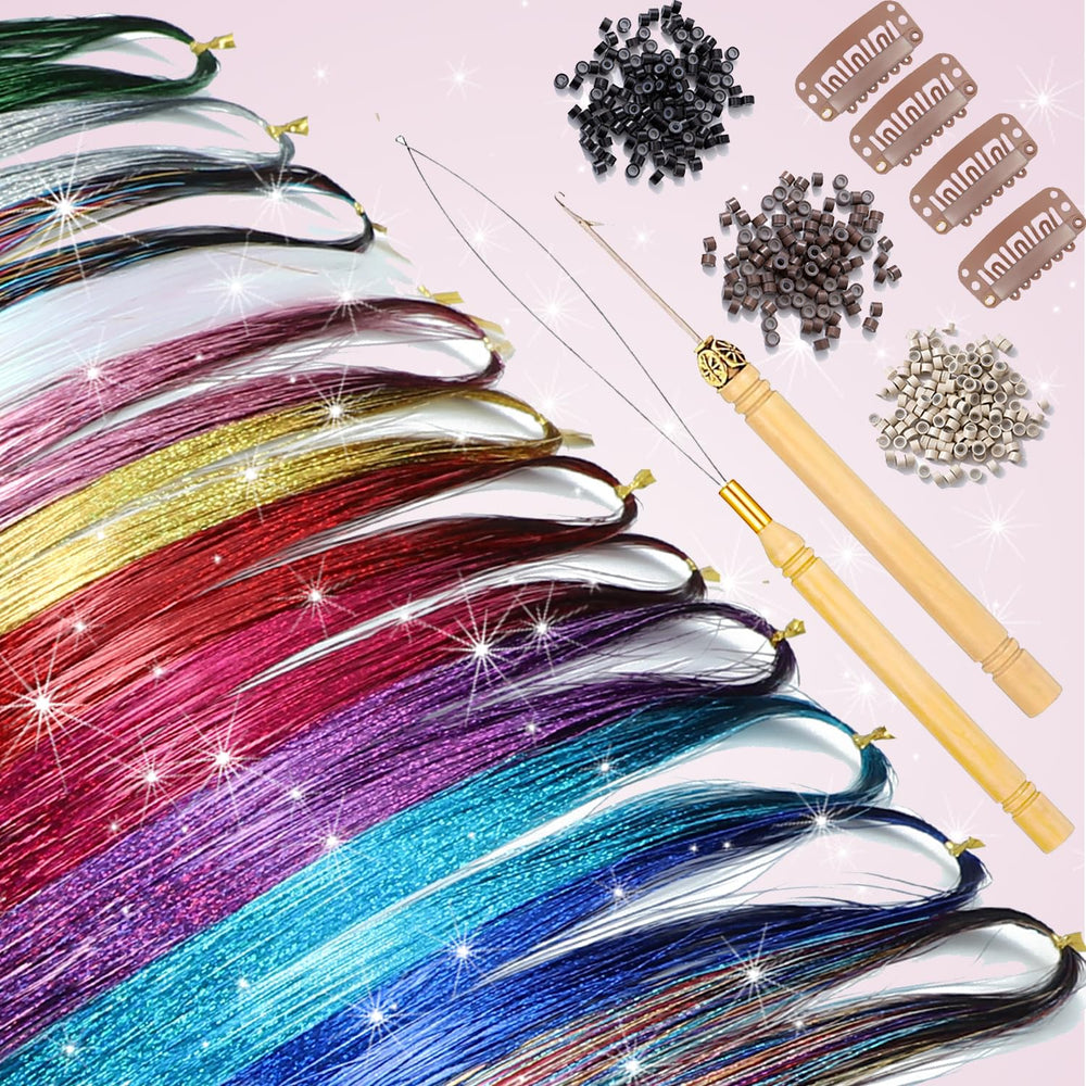 Nineibei Hair Tinsel: herramientas crochet y aguja para aplicar con facilidad