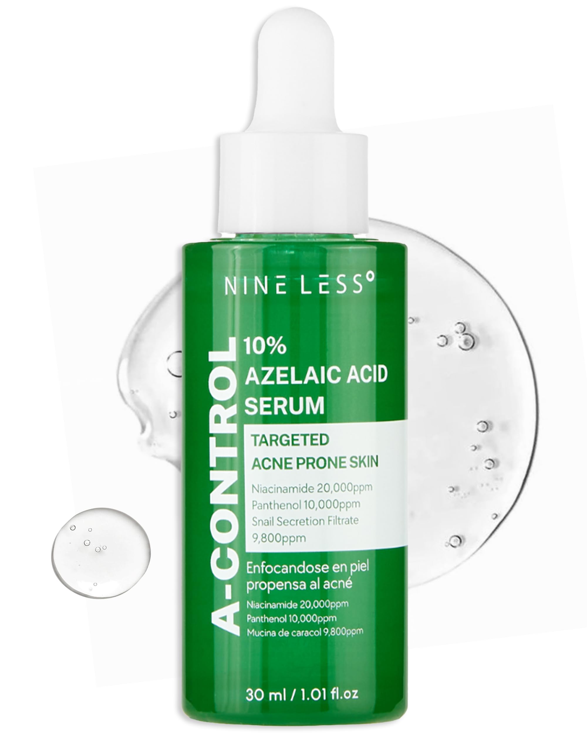NINELESS 10% Azelaic Serum bottle shown for daily use and redness relief.