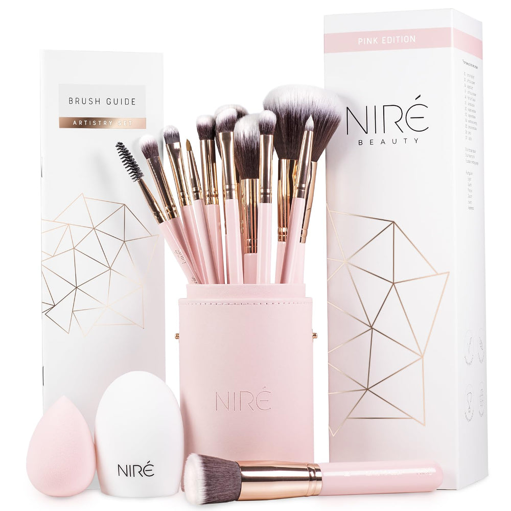 Niré Beauty: set de brochas rosas de 15 piezas para un acabado profesional suave.