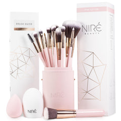 Niré Beauty: set de brochas rosas de 15 piezas para un acabado profesional suave.