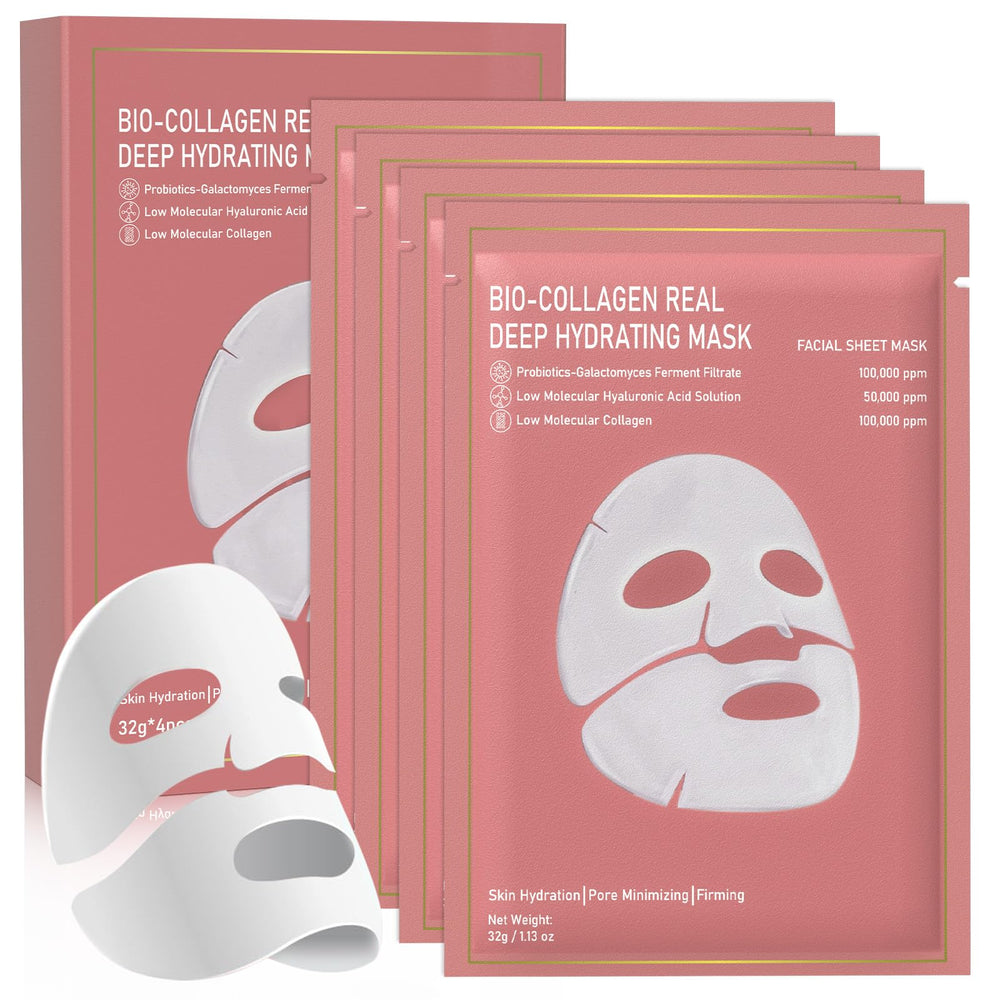 Nityrliv Bio-Collagen Real Deep Mask pack shot showcases a 4-pack for full hydration.