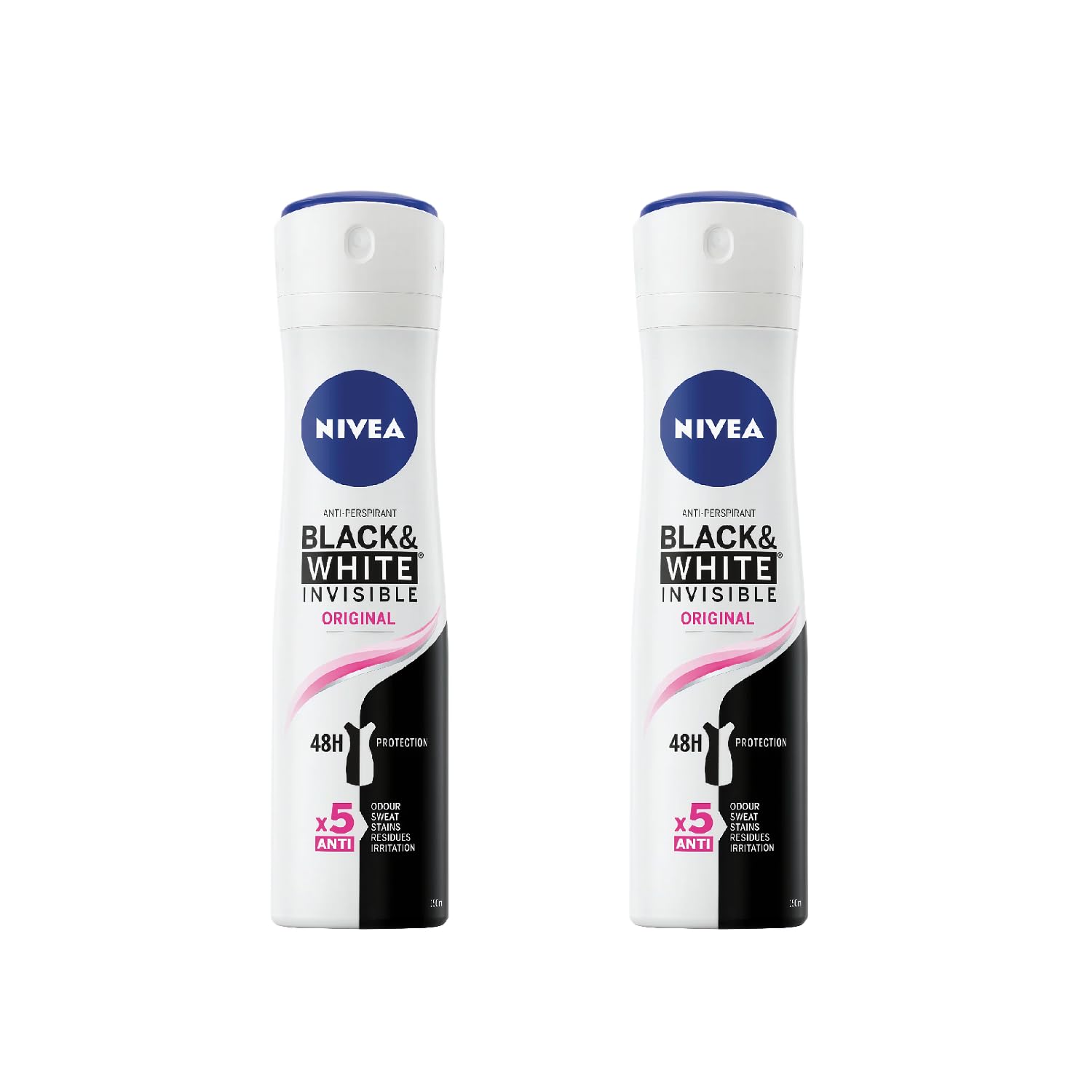 NIVEA Invisible Black White Original two-pack spray in use with quick-dry comfort