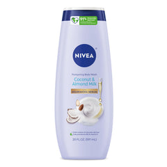 NIVEA: botella del gel de ducha coco y leche de almendra en primer plano, hidratación suave.