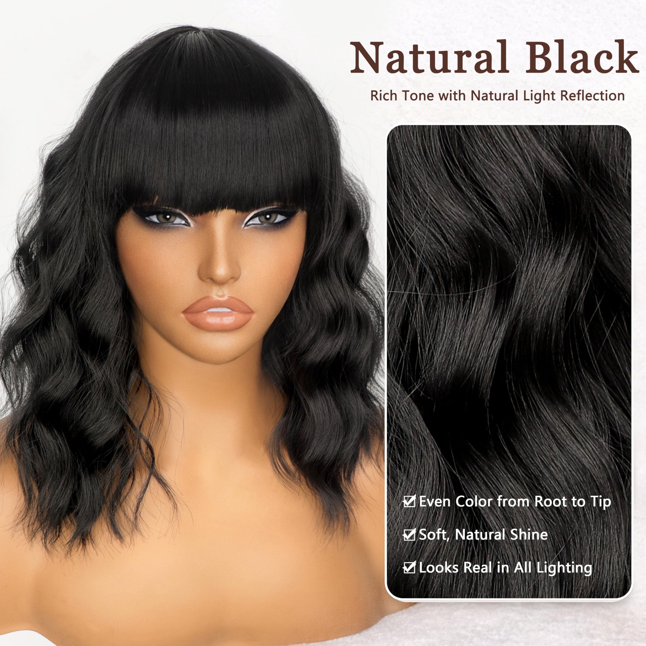 Peluca Nnzes negra, textura suave para looks rápidos