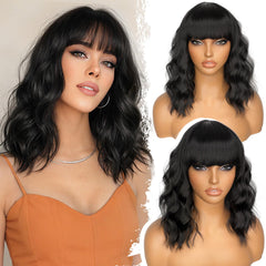 Peluquilla Nnzes negra ondulada con flequillo, apariencia natural para eventos