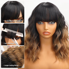 Peluca Nnzes ombré castaño con franja, ideal para cambios de estilo rápidos.