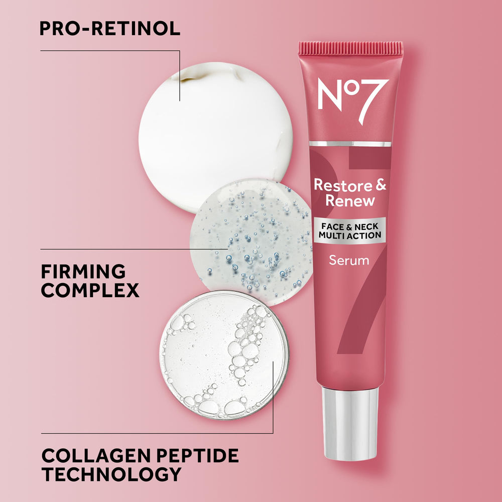 Posible efecto de firmeza en rostro y cuello con No7 Restore & Renew.