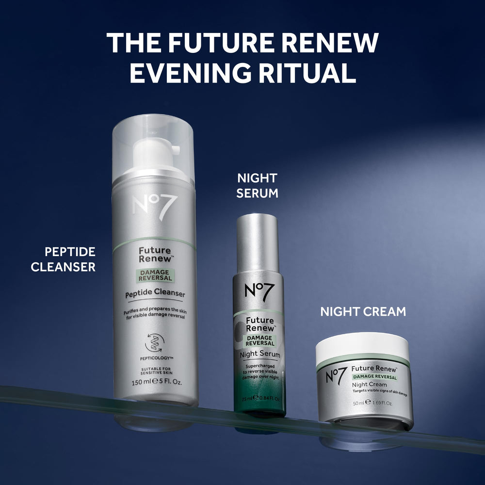 No7 Future Renew Night Serum label with gold accents signaling premium skincare.