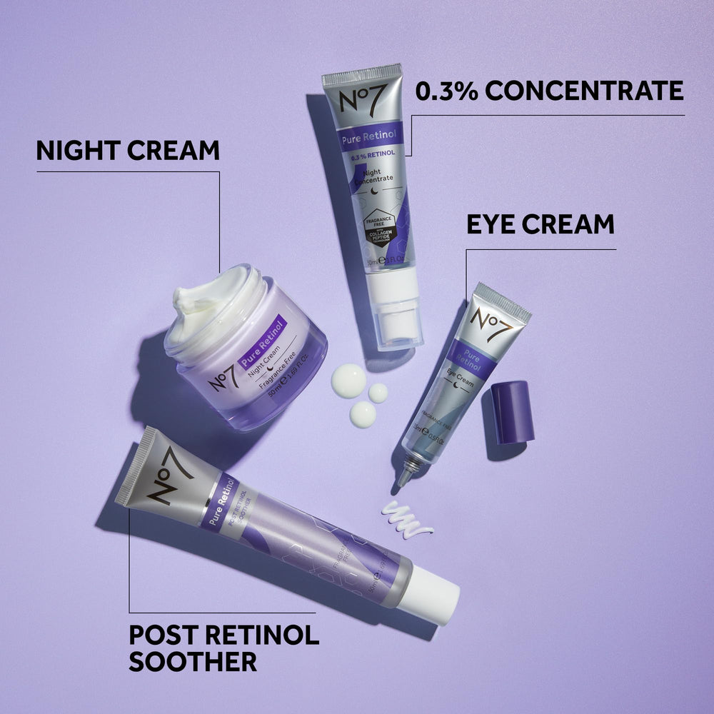 No7 Pure Retinol para ojos: efecto brillo que ilumina la mirada sin grasa.