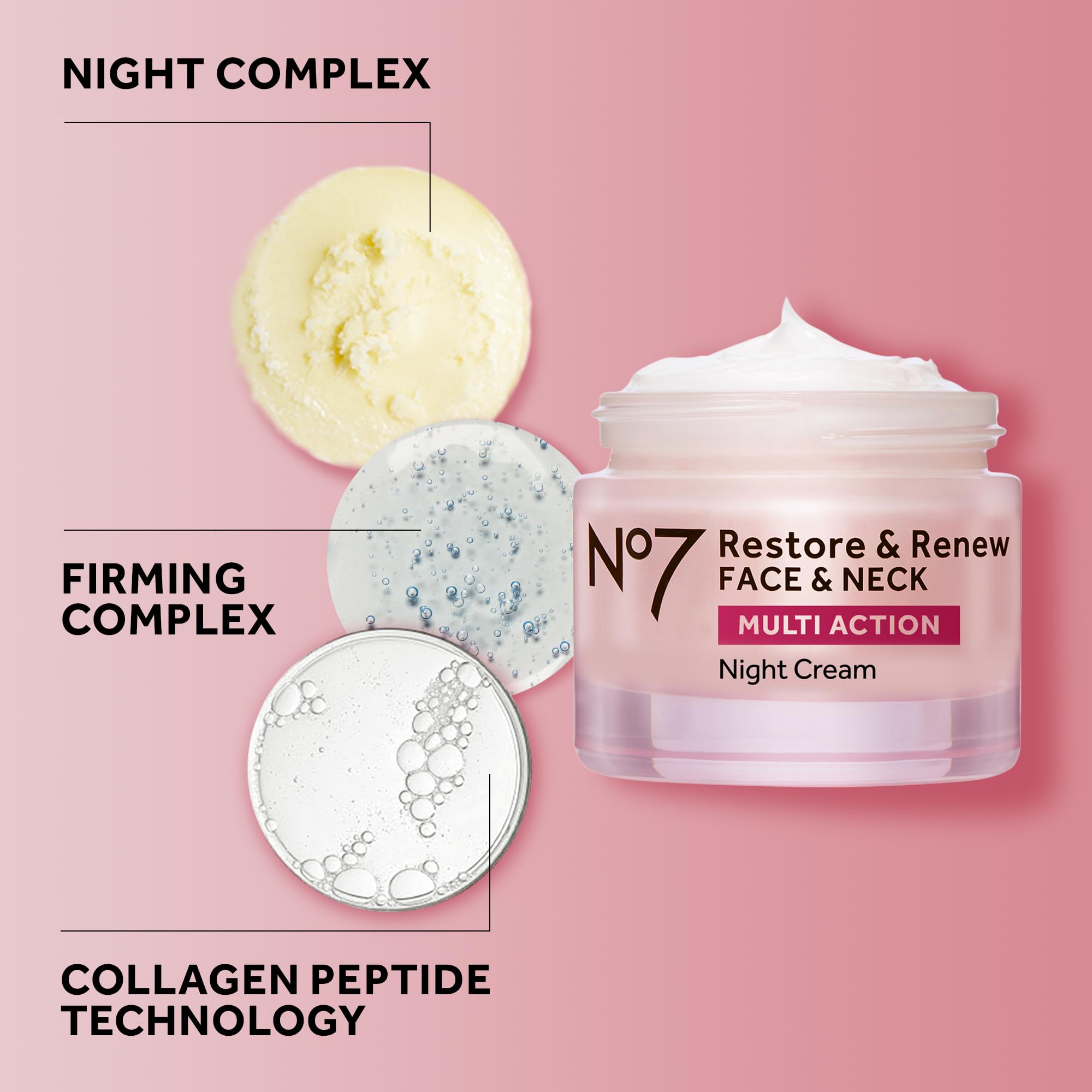 No7 Restore & Renew cream applied on face and neck for smooth evening hydration.