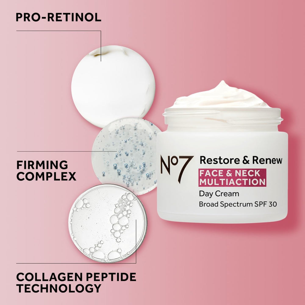 No7 Restore & Renew packaging displayed on a clean vanity