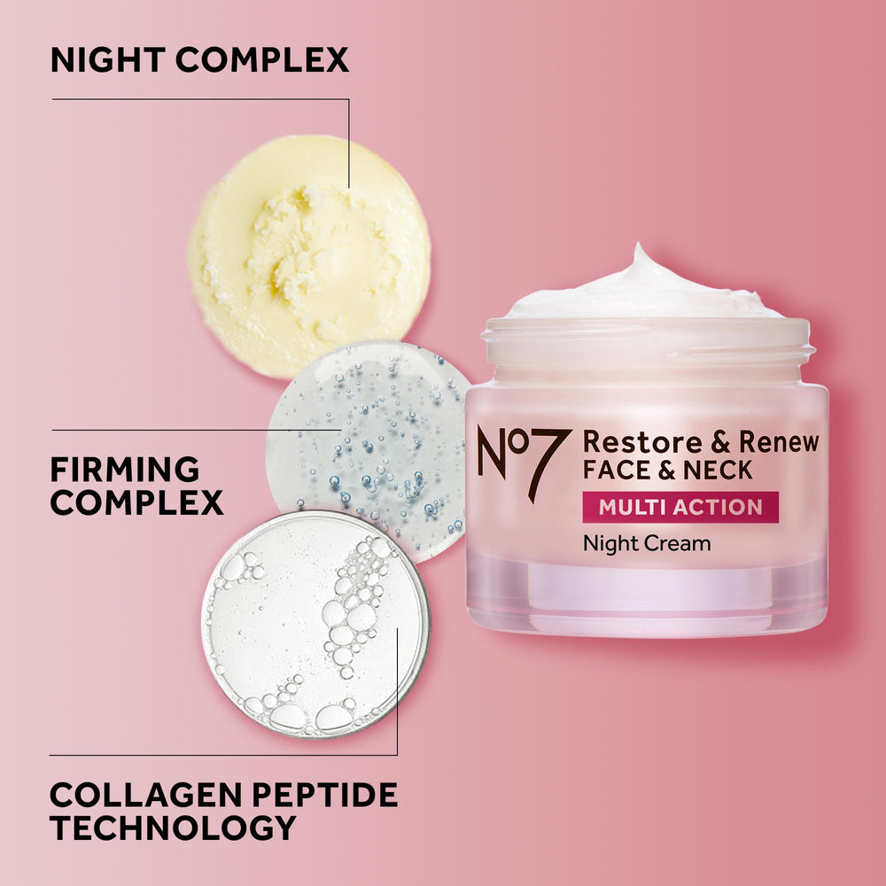 Fragrance-free No7 formula label communicates gentle overnight use.