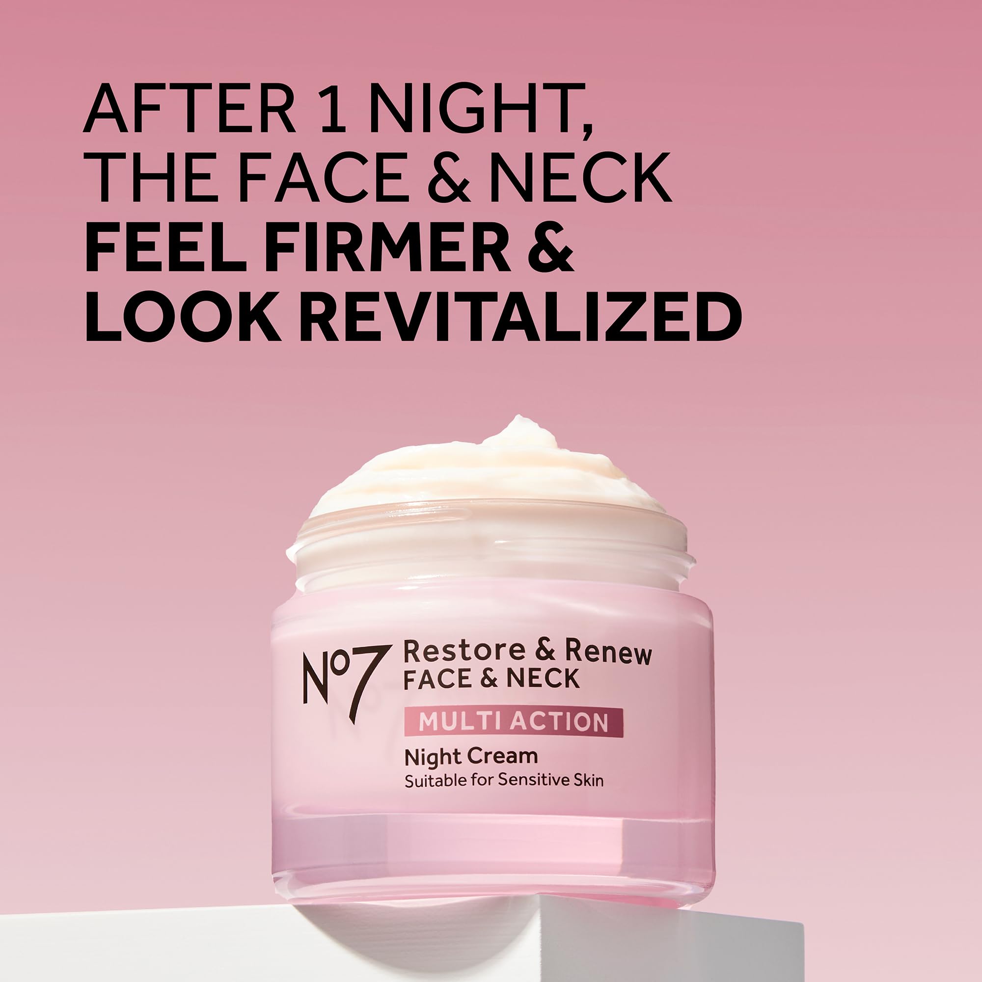 Close-up of No7 night cream jar highlights rich texture for mature skin care.