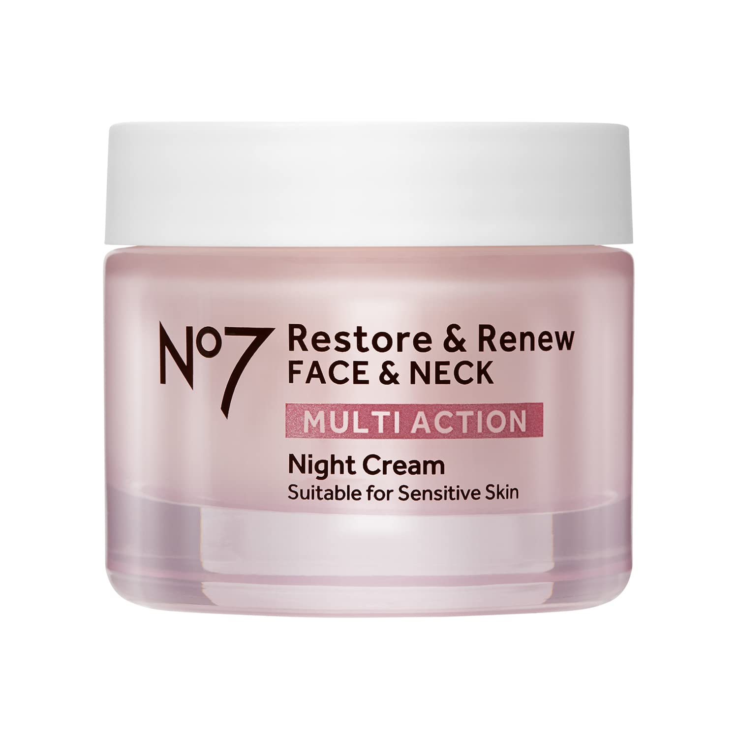 No7 Restore & Renew night cream jar close-up showing rich texture for nighttime hydration.