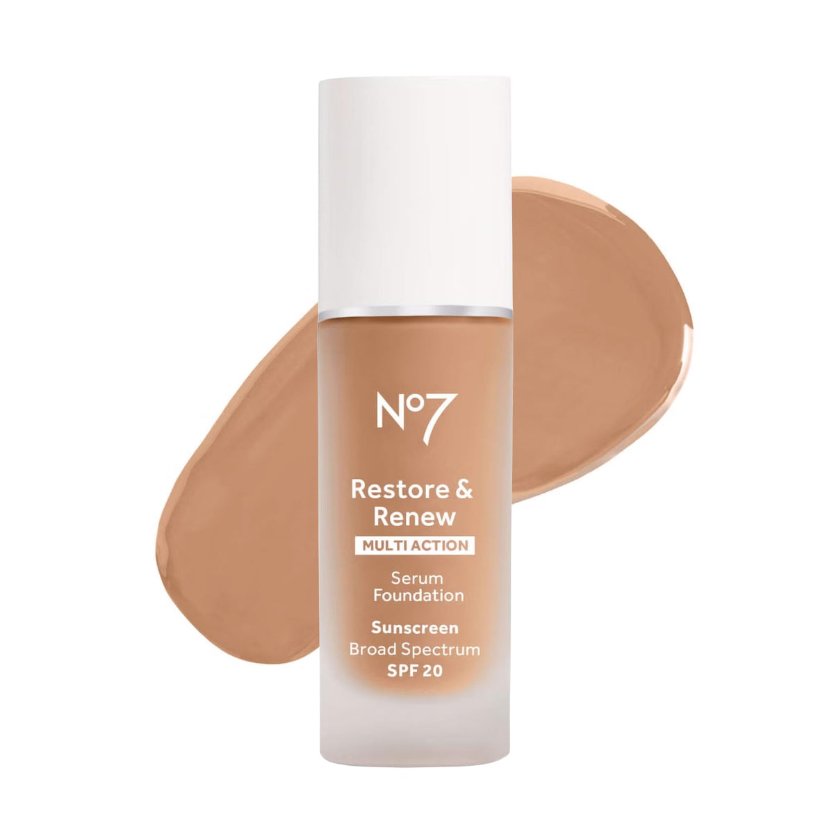 No7 Restore & Renew, botella de base sérum miel, cobertura suave y SPF 20.