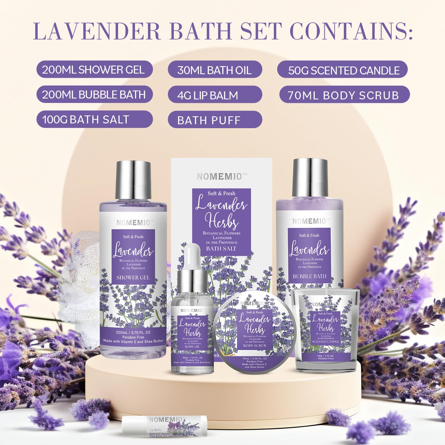 Nomemio baño burbujas lavanda: espuma rica para un baño envolvente.
