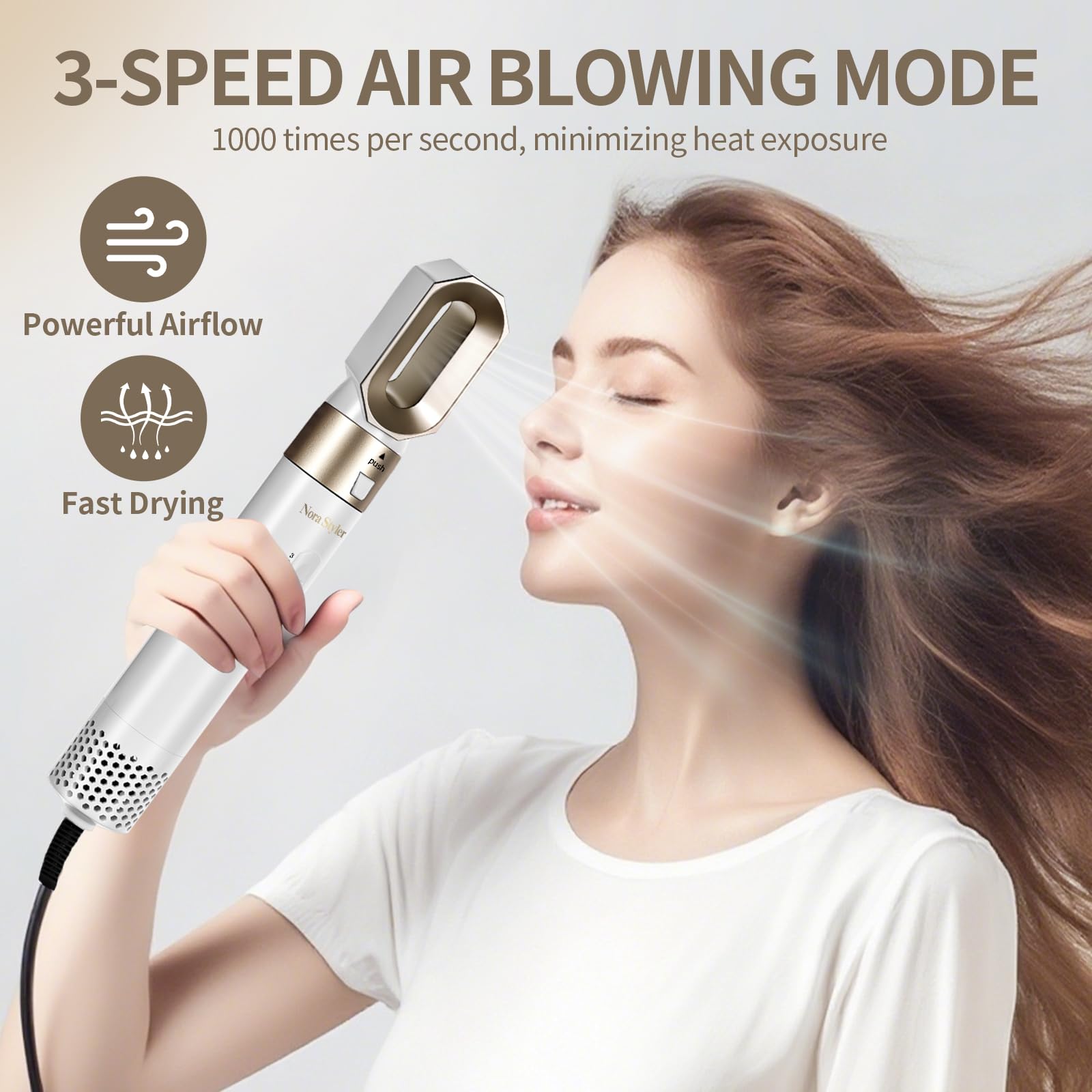 Nora Styler aire iónico para un peinado suave con menos frizz.