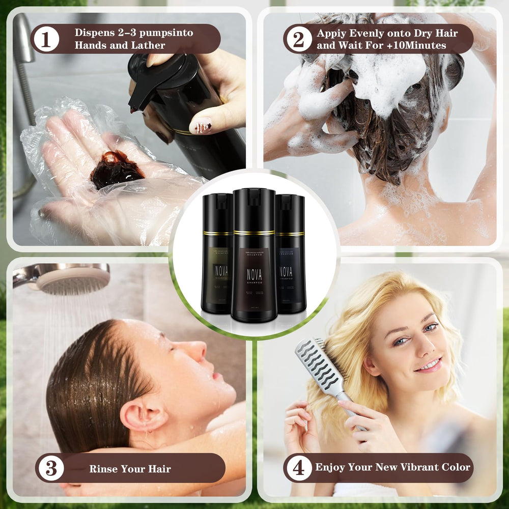 Nova Shampoo after-color result with natural dark hue.