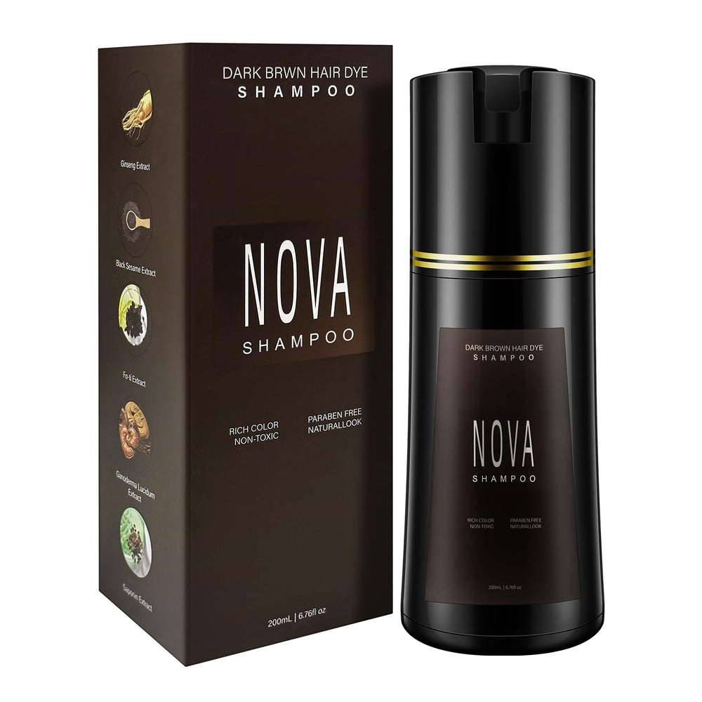 Nova Shampoo dark-brown bottle-front showing color option for at-home gray coverage.