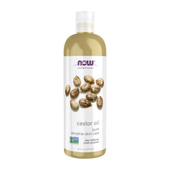 NOW Foods Aceite de ricino, frasco claro para piel suave y cabello nutrido.
