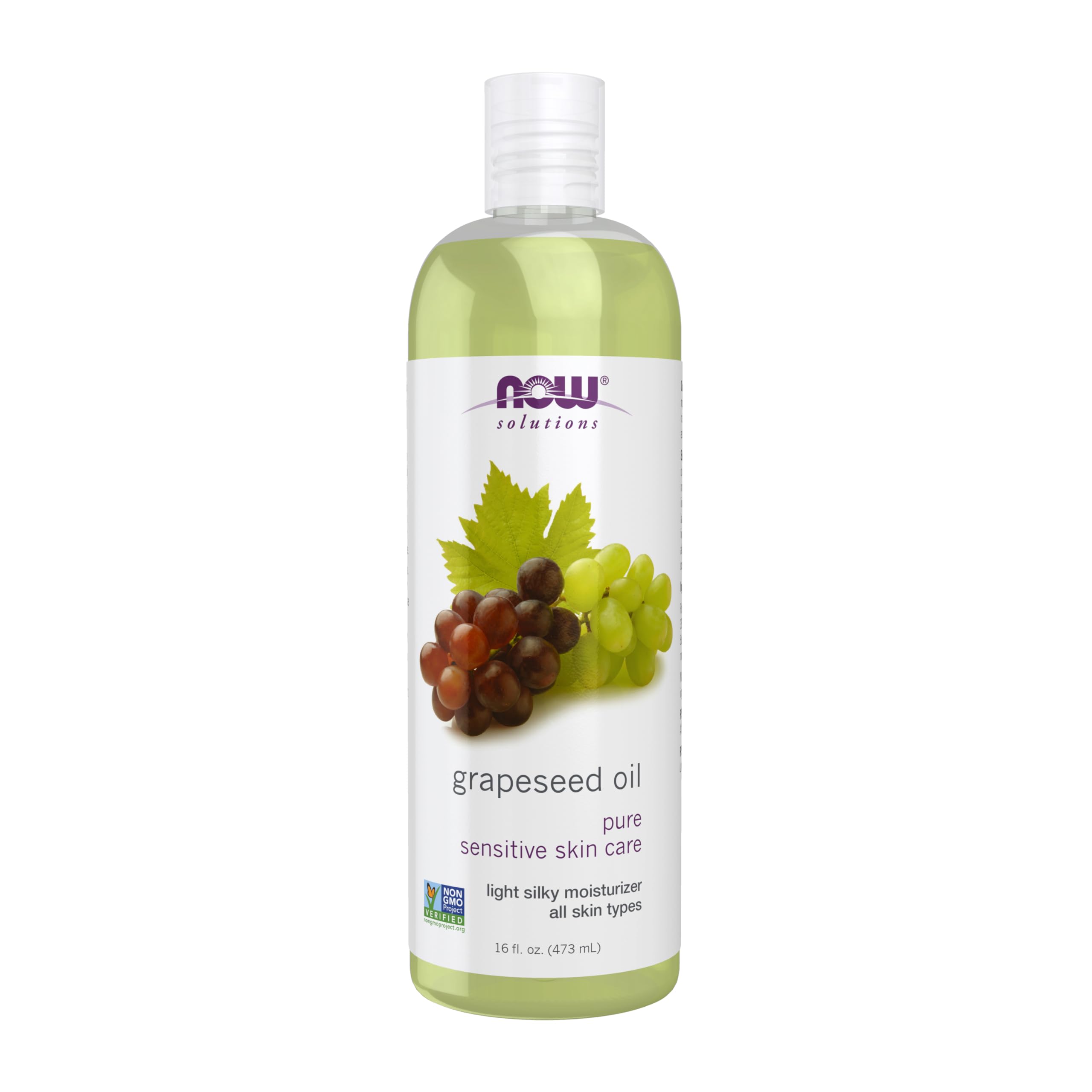 NOW Foods Aceite de Semilla de Uva, botella translúcida, ideal para piel sensible.