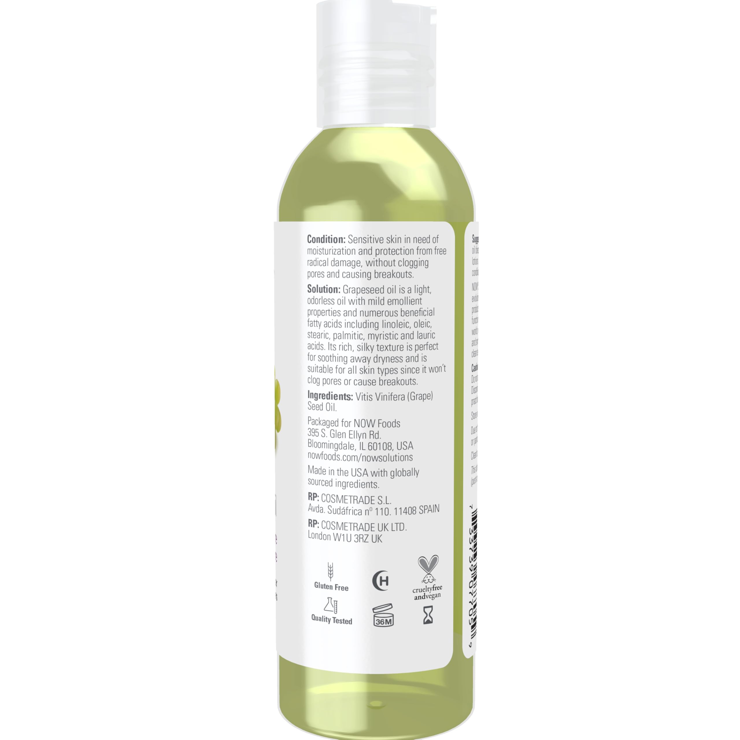 Now Solutions aceite de semilla de uva, textura sedosa, ideal para hidratar sin obstruir poros.