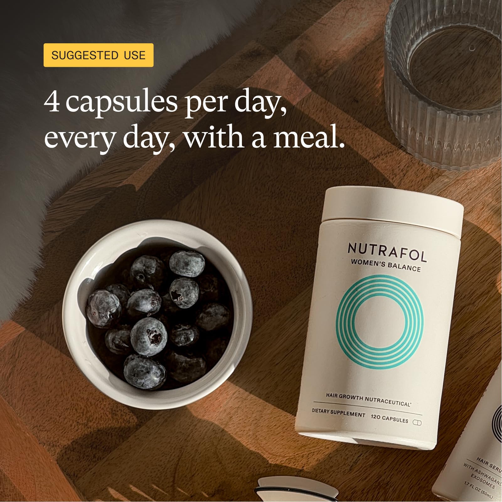 Nutrafol Balance, dosage quotidien: quatre capsules pour la routine.