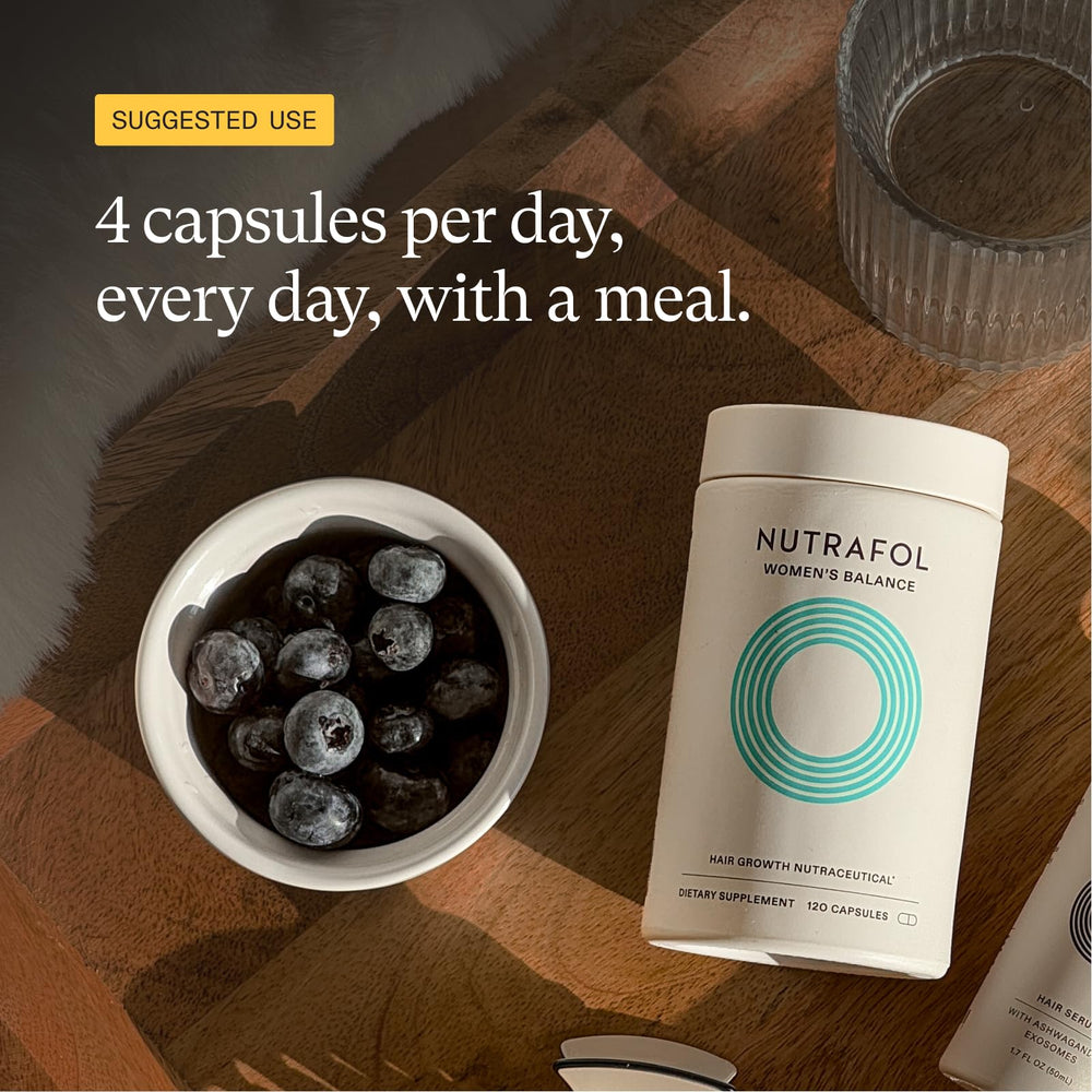 Nutrafol Balance, dosage quotidien: quatre capsules pour la routine.