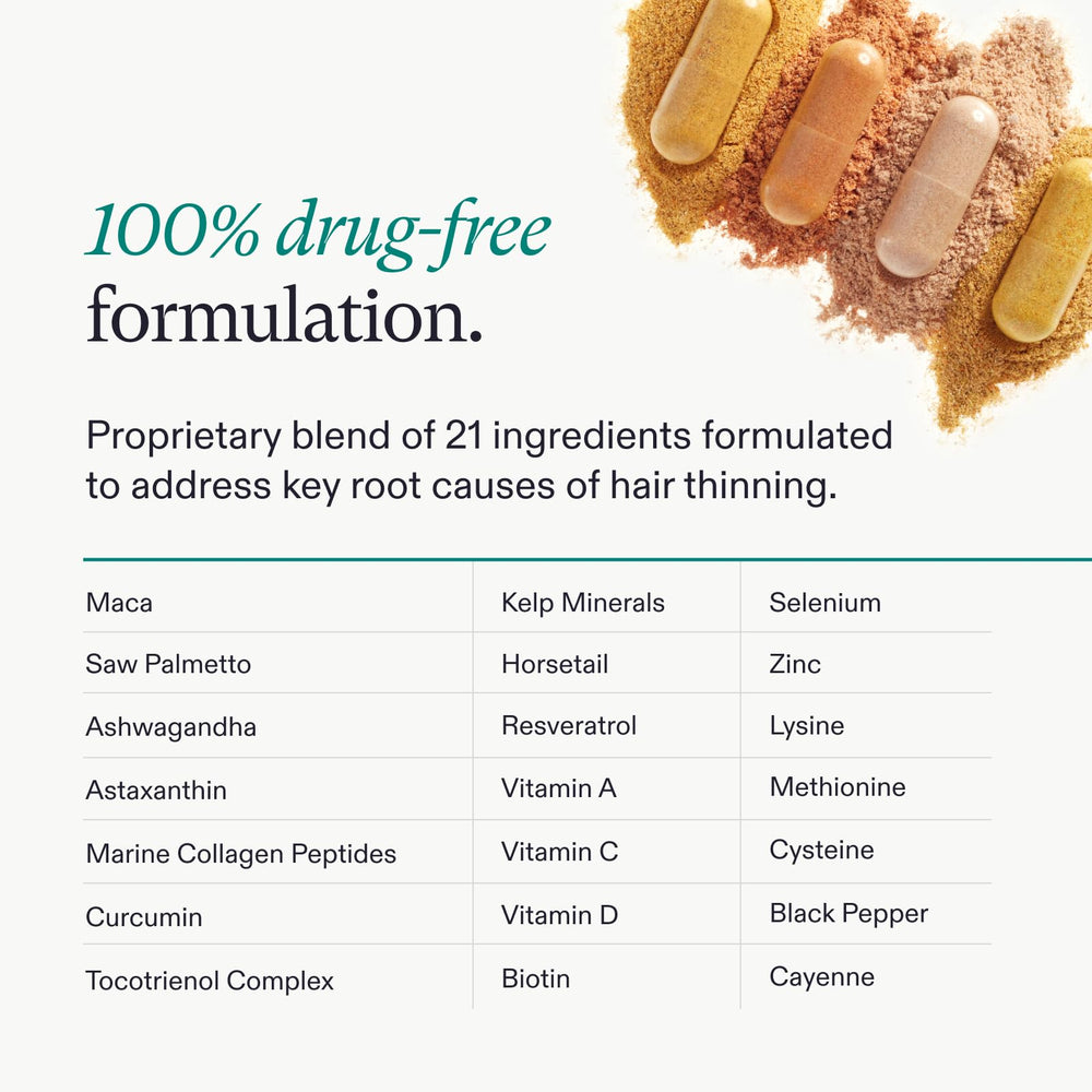 Nutrafol Balance, ingrédients maca: extrait naturel pour l'équilibre du quotidien.