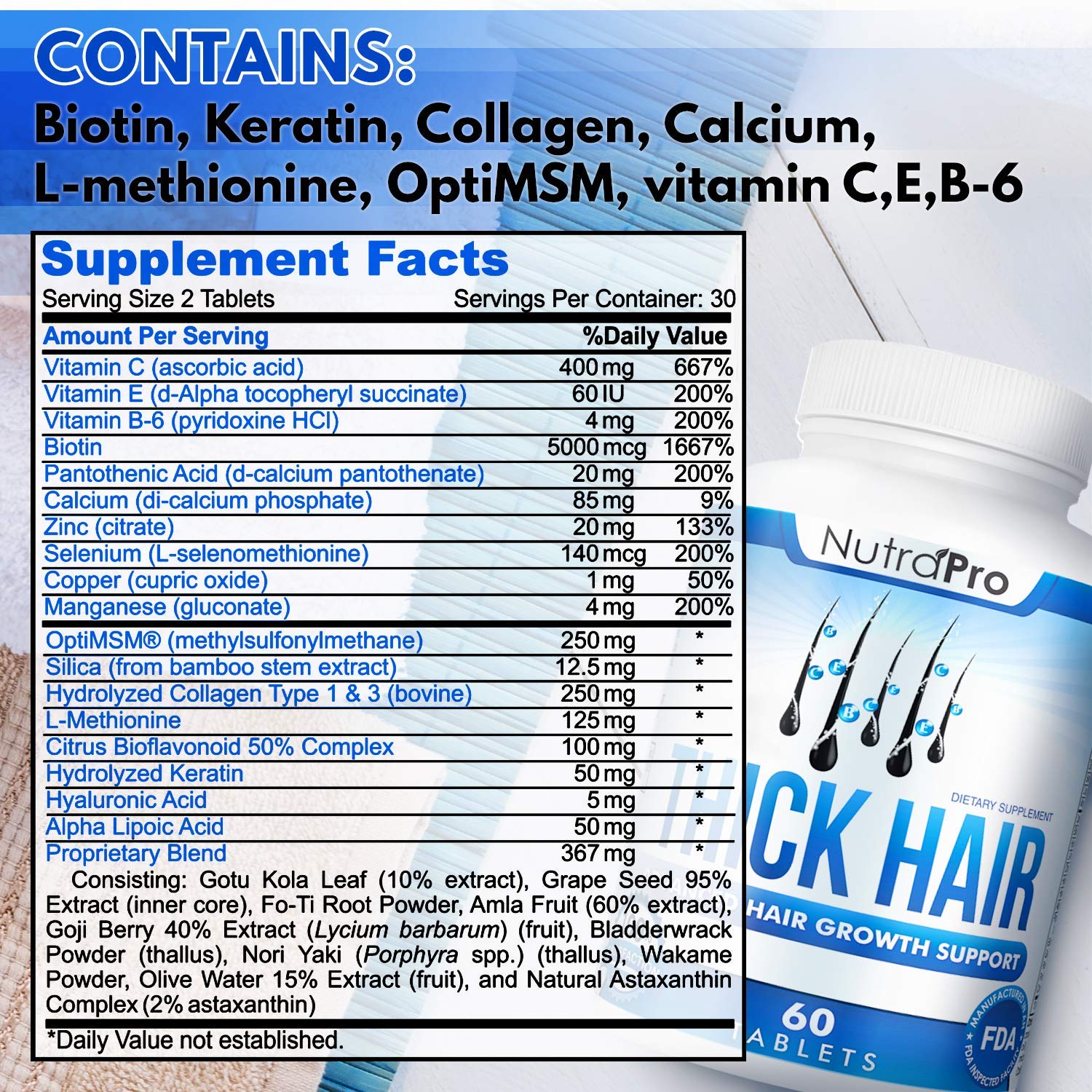 NutraPro cápsulas detalle textura y biotina para cabello.