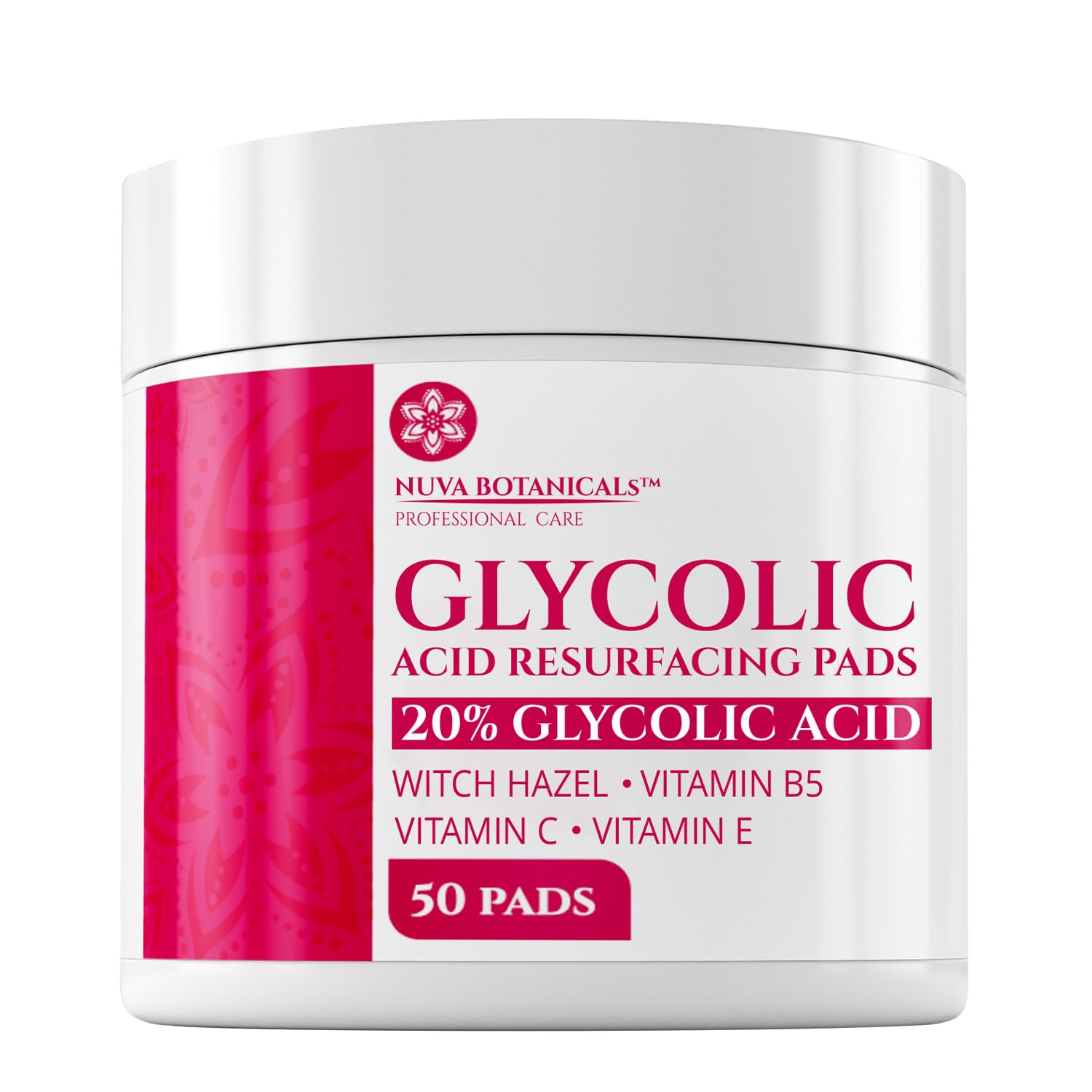 Discos exfoliantes Nuva Botanicals 20% glicólico en empaque, cuidado diario.
