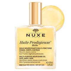 Nuxe Huile Prodigieuse Riche : flacon élégant prêt pour hydrater rapidement.
