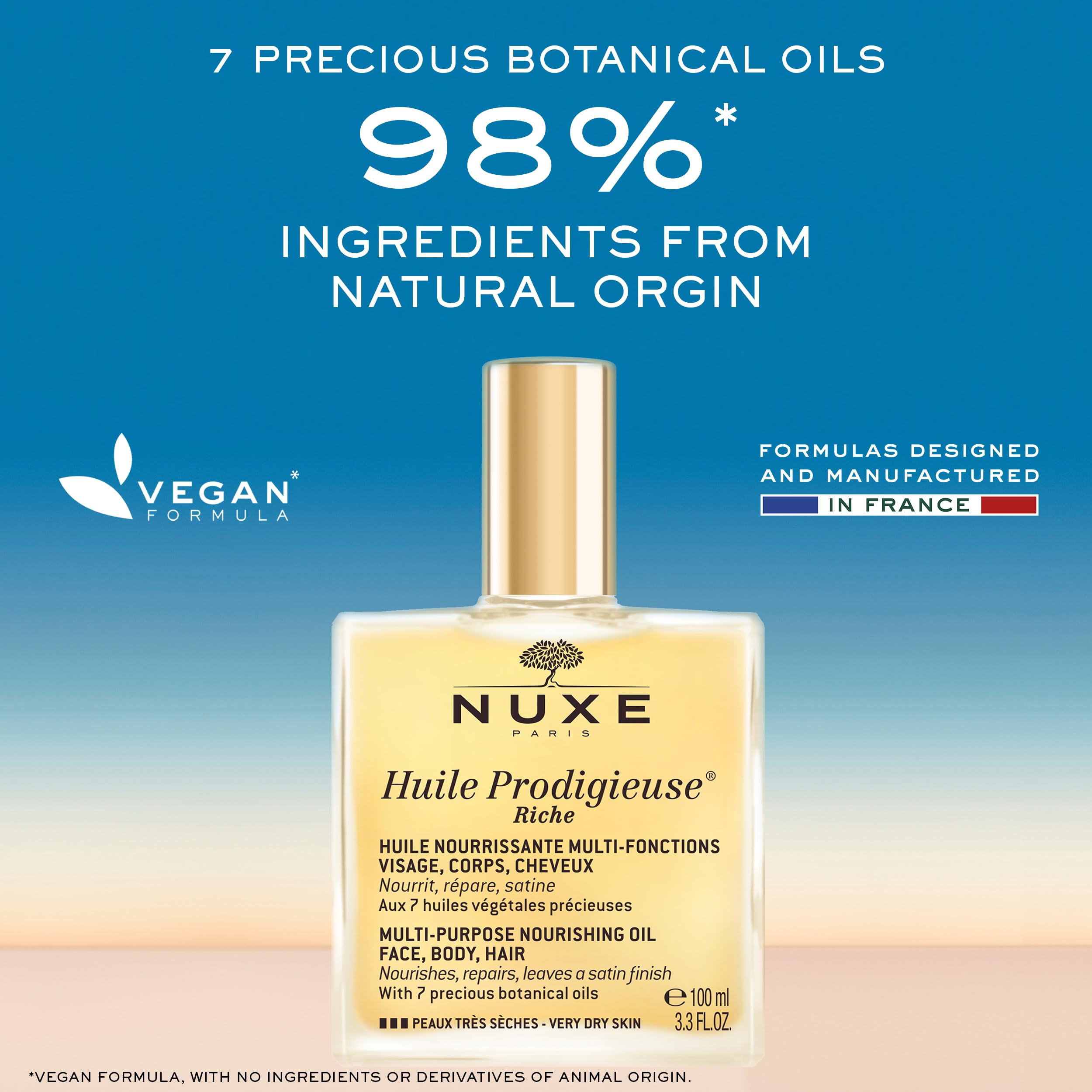 Nuxe Huile Prodigieuse Riche : application visage, peau lumineuse et hydratée.