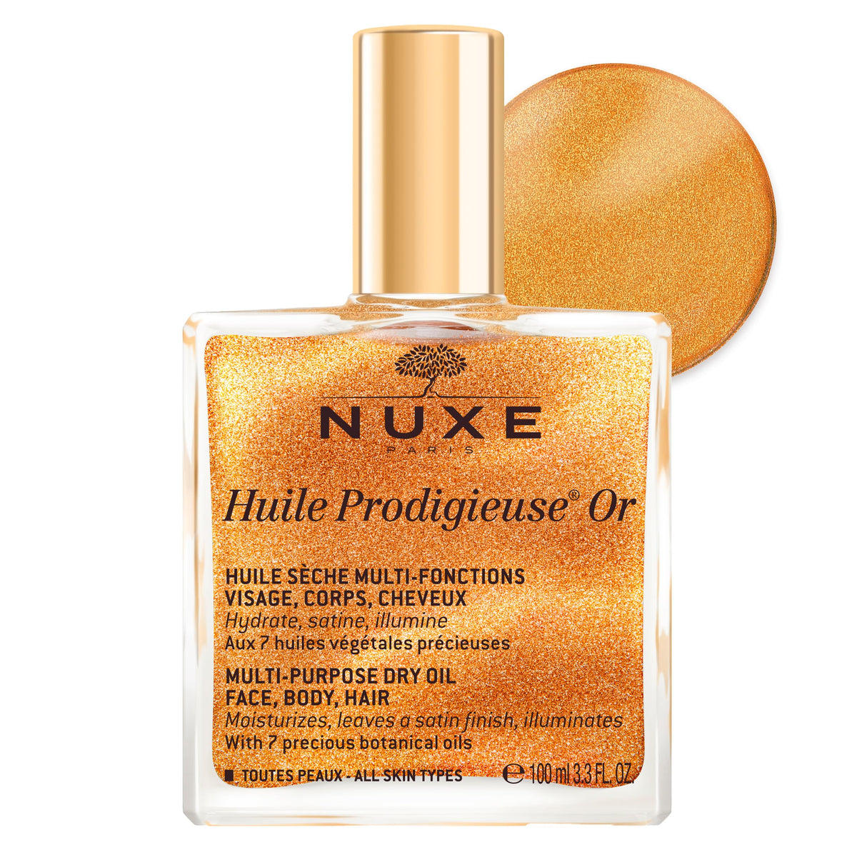 Nuxe Huile Prodigieuse Shimmer en botella muestra brillo perlado para rostro y cuerpo