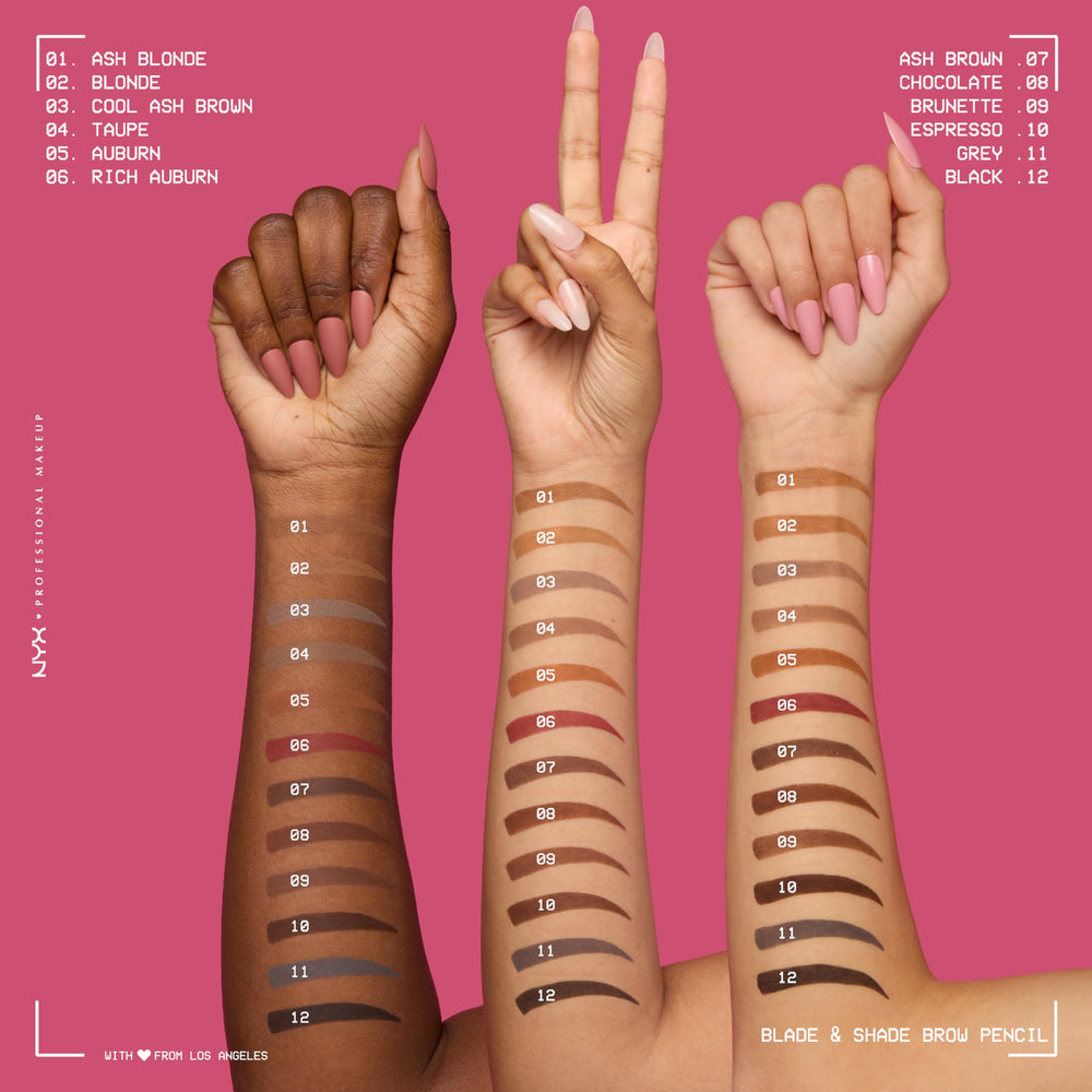 NYX Blade & Shade Brow Pencil Chocolate shade blending with dark brow tones.