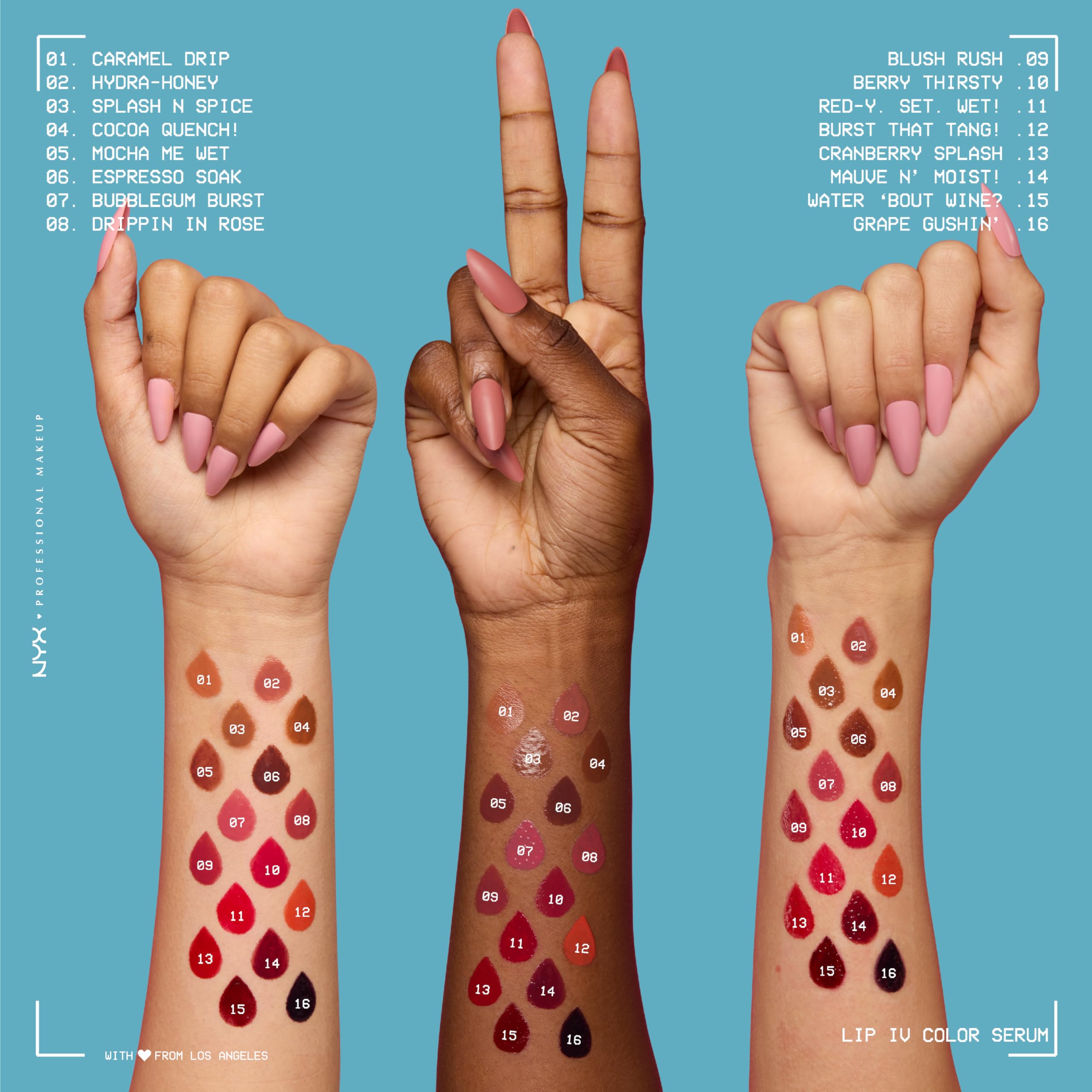 NYX Lip IV presenta 16 tonos saturados para looks naturales o vibrantes.